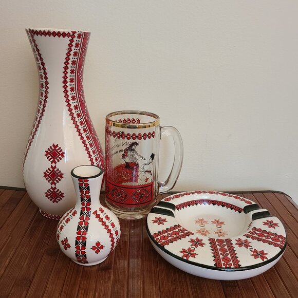 Two Ukrainian Vases/ Ashtray/Glass Mug - Picture 1 of 10